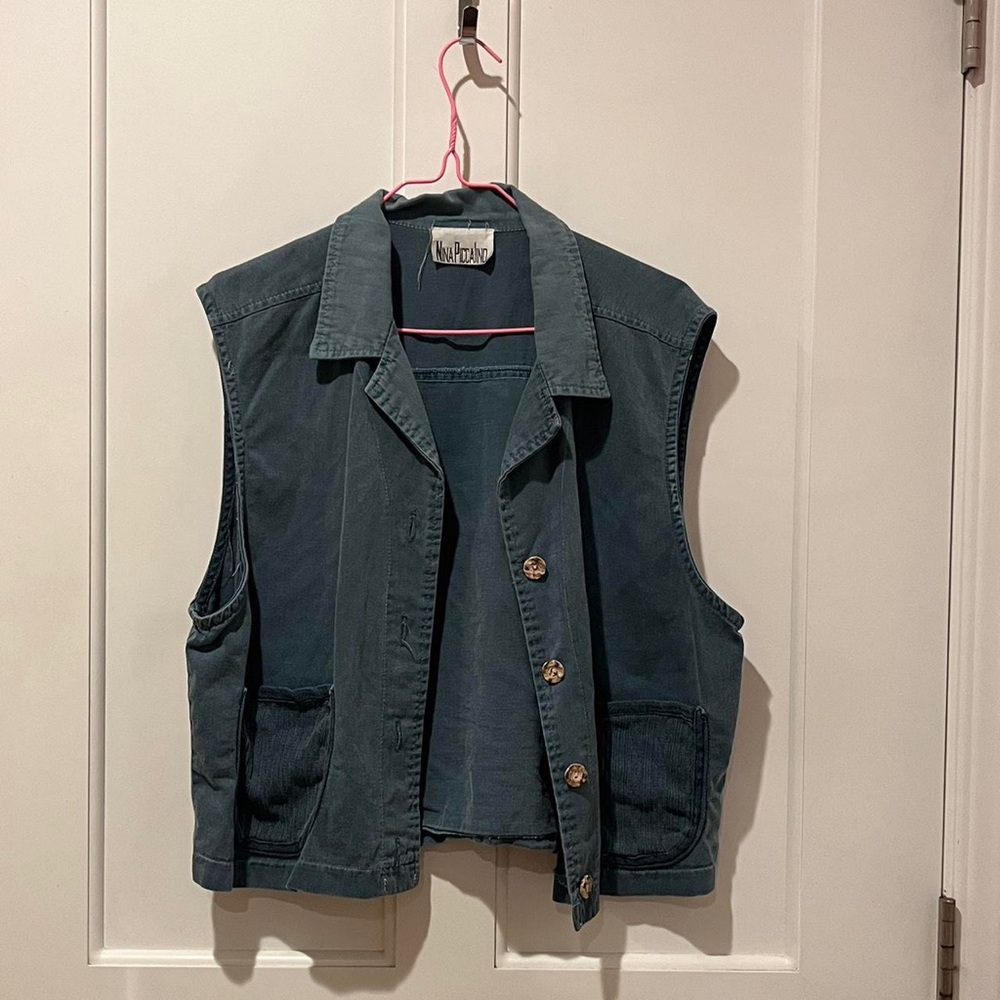 Vintage hippie button up grey blue vest shirt with front pockets